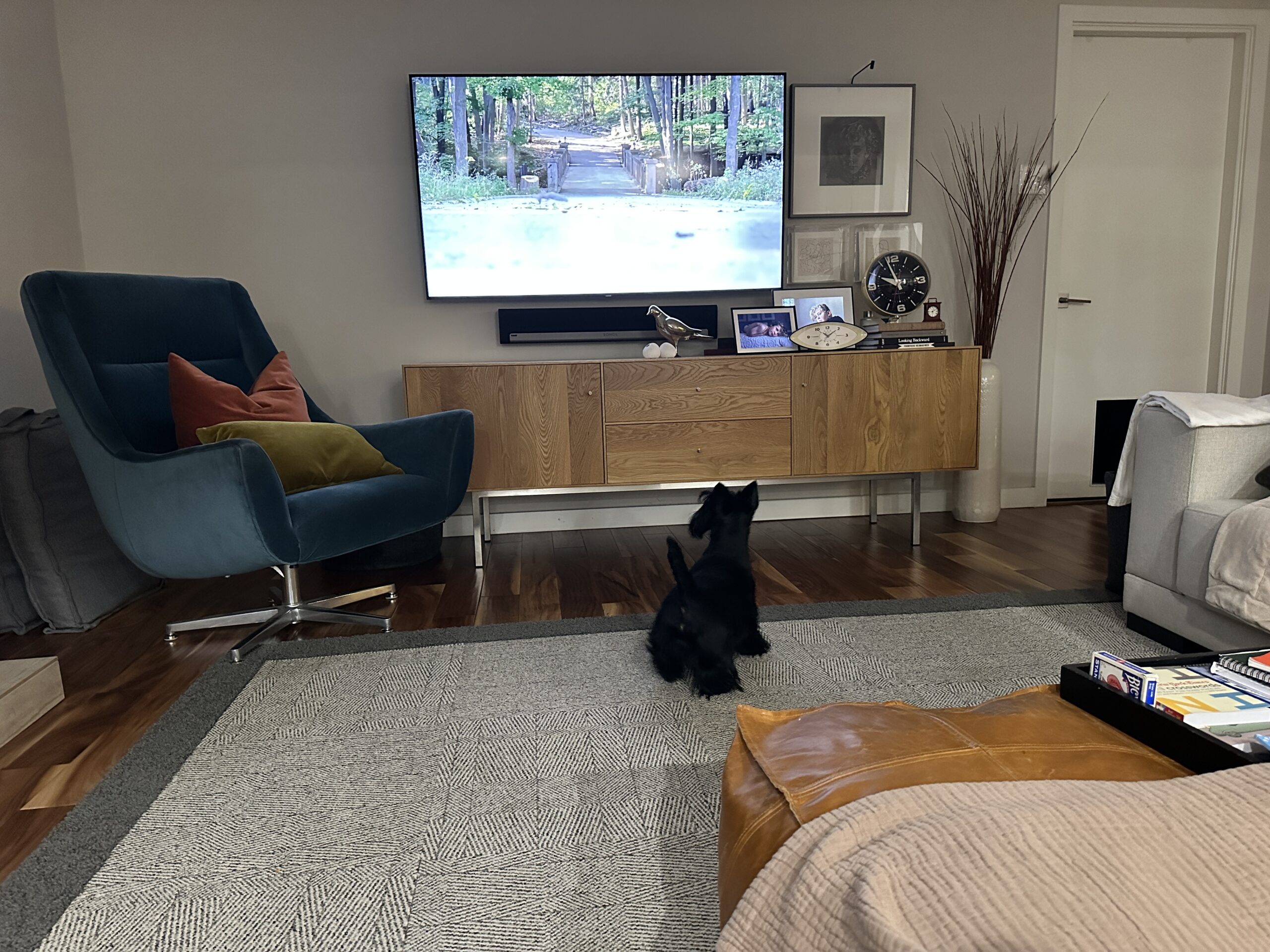 Wall-mounted TV above a wood media console with a soundbar in a Dallas living room