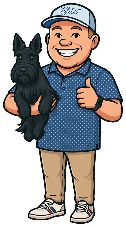 Illustration of Scott, owner of Dallas Elite Home Services, holding his Scottish terrier and giving a thumbs up