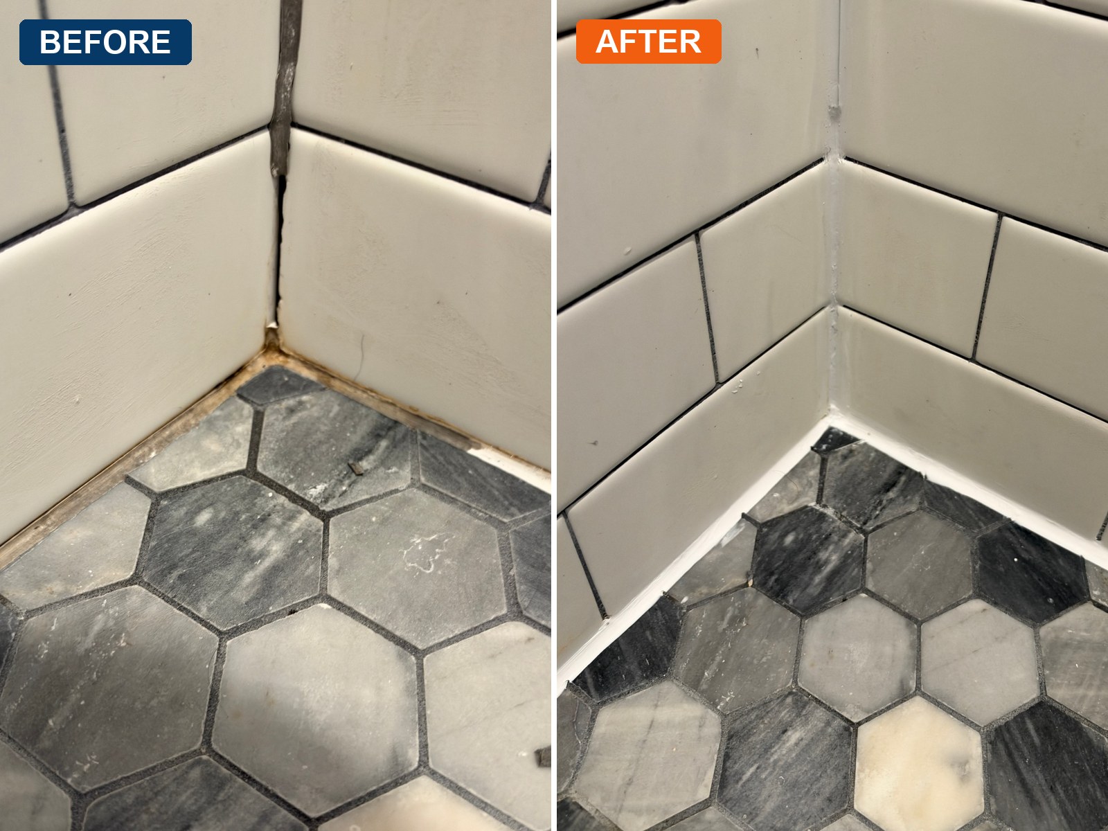 Before and after of a shower floor corner in Sparkman Club, Dallas: cracked grout with a gap where it had fallen out, then the corner sealed with white silicone caulk