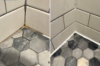 Before and after of a shower floor corner in Sparkman Club, Dallas: cracked grout with a gap where it had fallen out, then the corner sealed with white silicone caulk